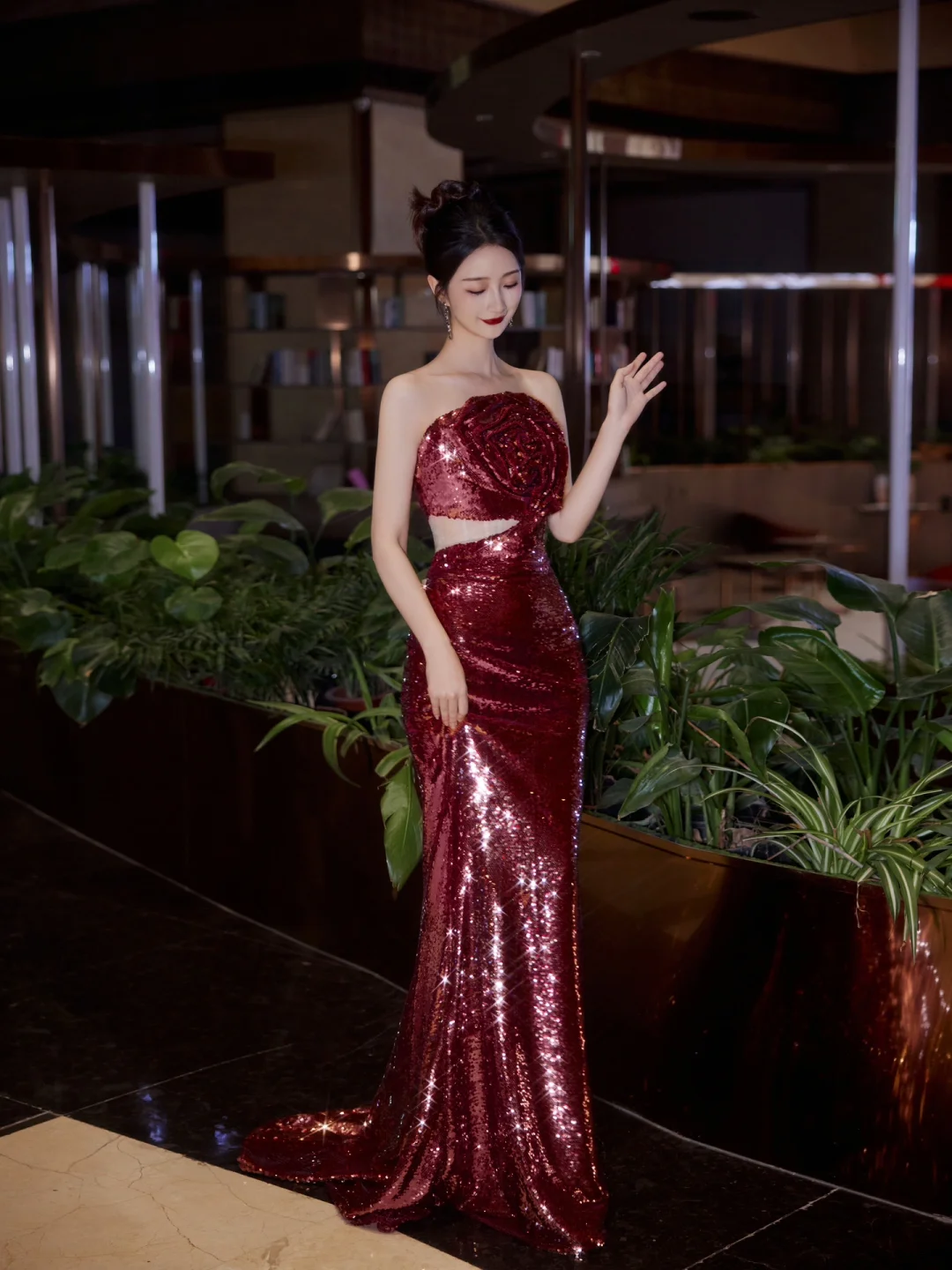 Burgundy Strapless Sequin Rose Flowers Prom Dress Mermaid Long Evening Dress Y8595 - View 5 | VelvetHem