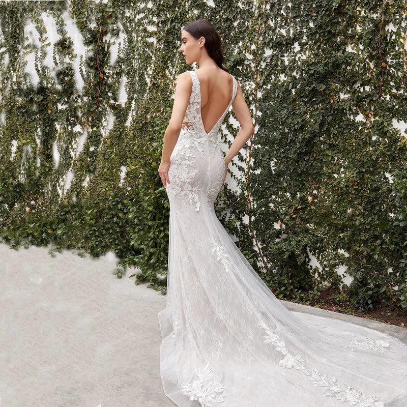 V-neck Wedding Dresses For Women 2024 Backless Mermaid Lace Appliques Floor-length Backless Customized Vestidos De Novia (ZD13416)