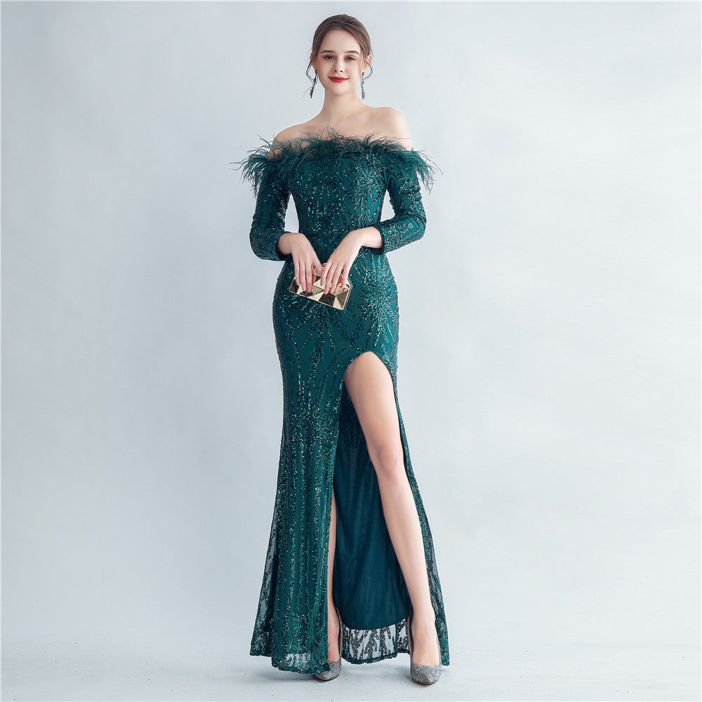 High Density Ostrich Hair Sequin Off Shoulder Fishtail Evening Dress - View 5 | VelvetHem