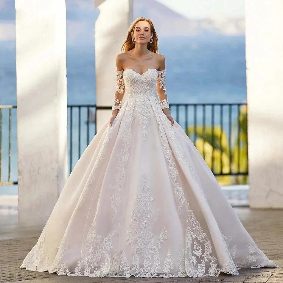 Word Wedding Dresses Women's Elegant Bohemian Beaded Sweetheart Princess Off Shoulder Long Sleeve Lace Applique Bride Gowns (ZD14170)