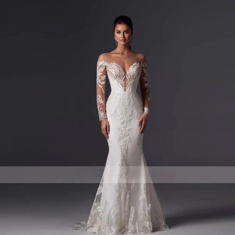 Loverxu Mermaid Vintage Wedding Dresses 2023 Sweetheart Long Sleeve Vestido De Novia Appliques Detachable Train Robe De Mariee (ZD13371)