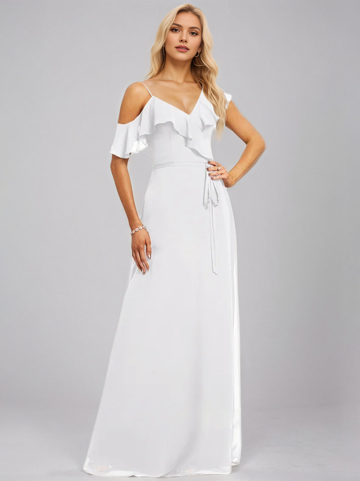 White A-Line Asymmetrical Floor-Length Chiffon Bridesmaid Dress With Ruffle