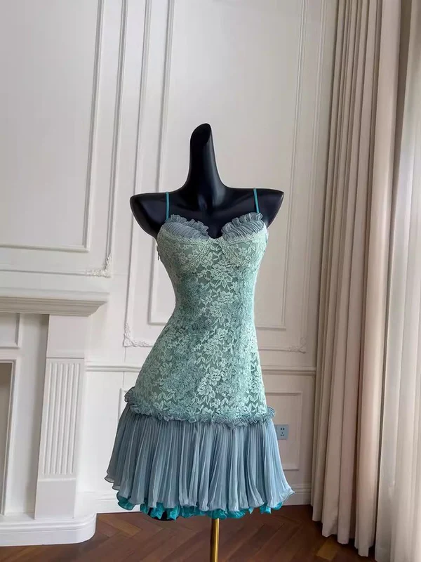 Spaghetti Straps Blue Lace Birthday Dress Pleated Short Party Dress