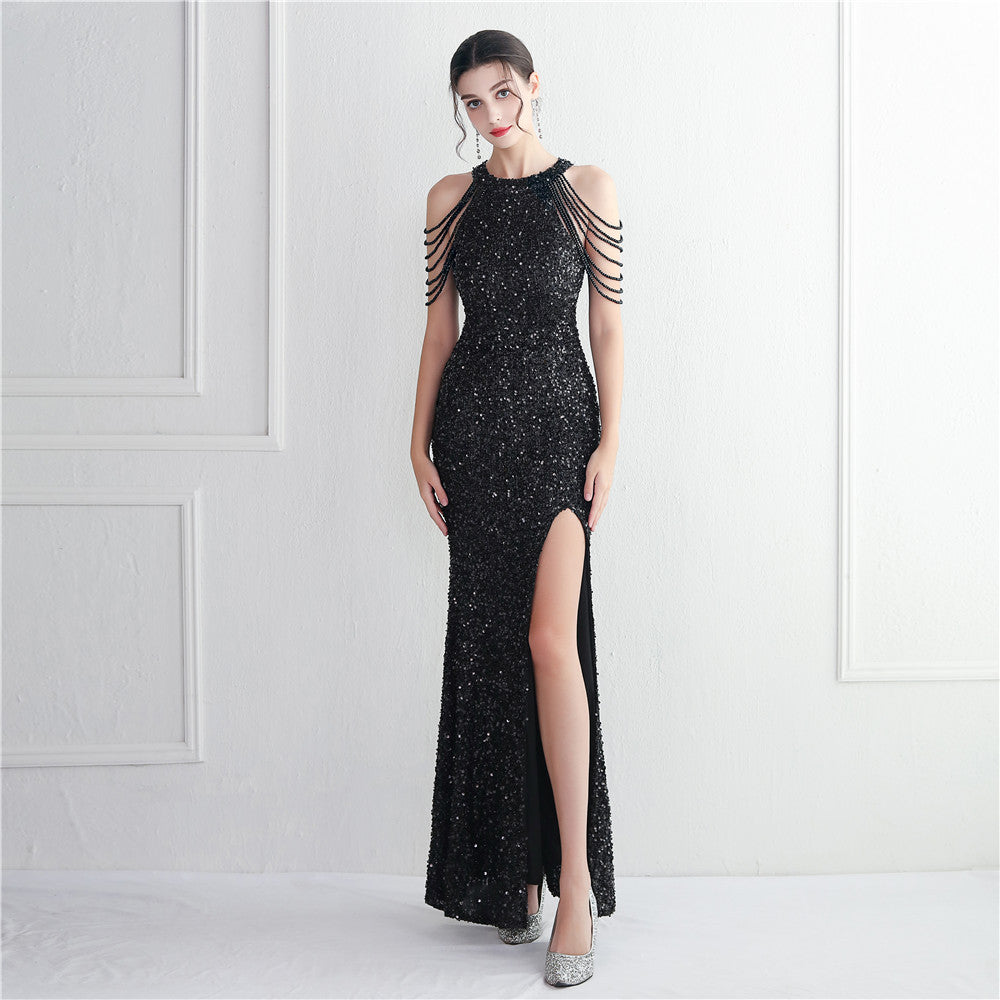 Heavy Industry Micro Glass Bead Craft Beaded Cocktail Evening Dress Elegant Long Halter Split Sequ - View 6 | VelvetHem