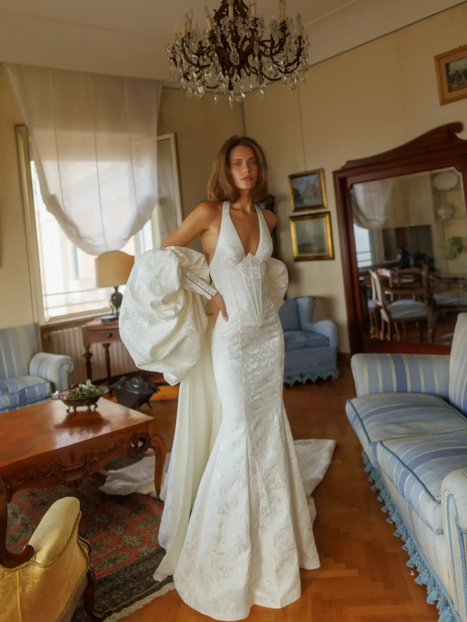 Elegant Ivory Halter Neck Puff Sleeve Mermaid Wedding Dress with Train ZP116