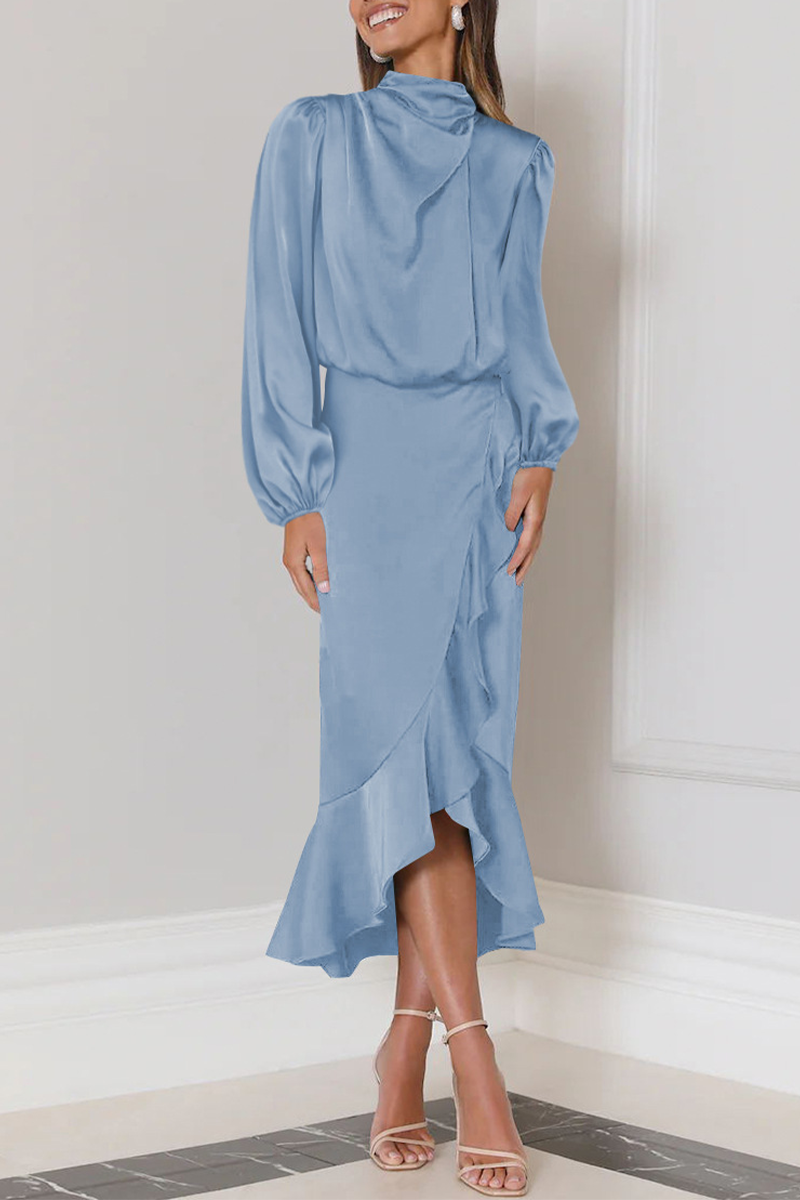 Elegant Solid Flounce Fold Turtleneck Evening Dress - View 7 | VelvetHem