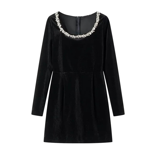 TARUXY Bead Drill Velveteen Dress For Women Long Sleeve Slim Black Formal Dress Female Party Elegant Retro Evening Dresses Femme - View 2 | VelvetHem