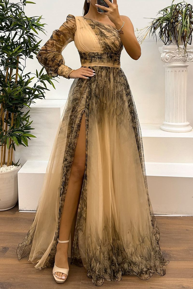 Sexy Prom Floral Print Slit Mesh Flower Shape Sloping Shoulder Evening Dresses(6 Colors) - View 12 | VelvetHem