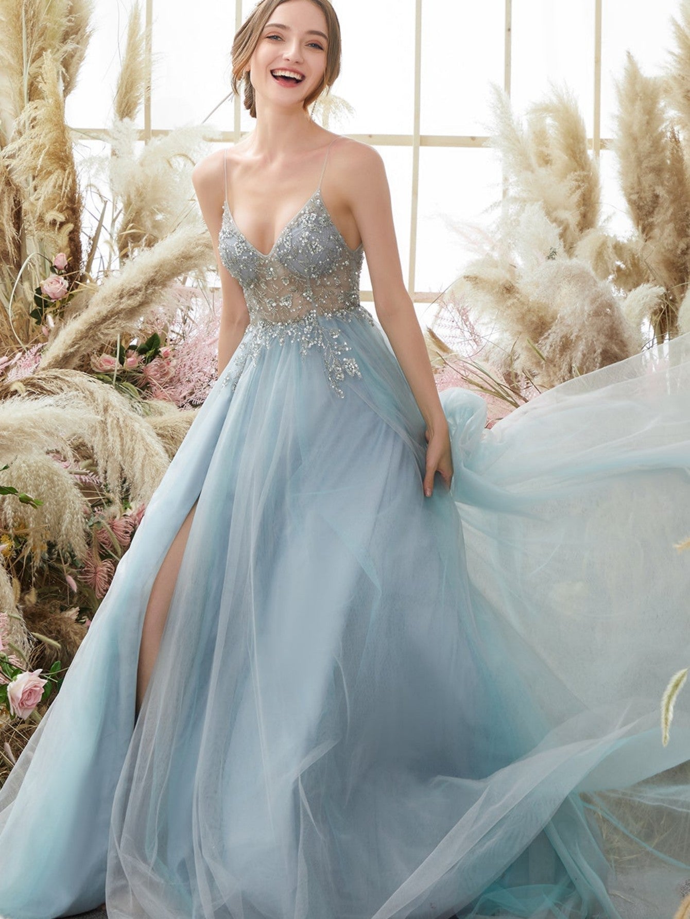 A Line Grey Glitter Tulle Long Prom Dress - Fashionpara
