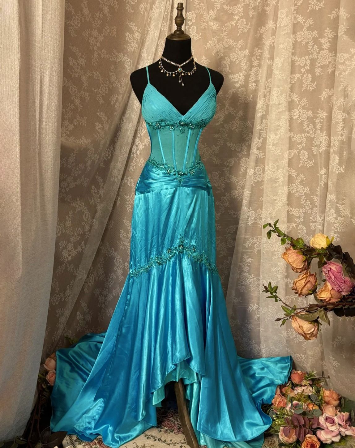 Mermaid Blue Long Prom Dress Vintage Formal Party Dress With Applique