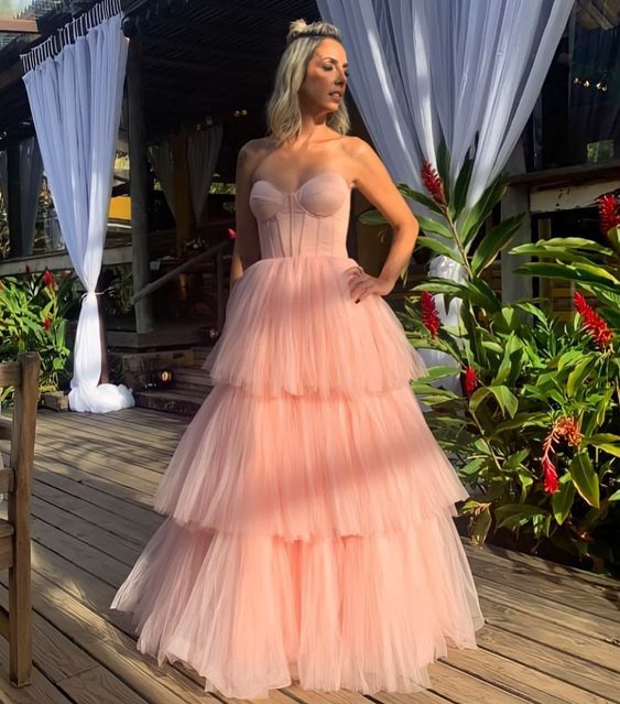 Pink tulle prom dresses long evening dress