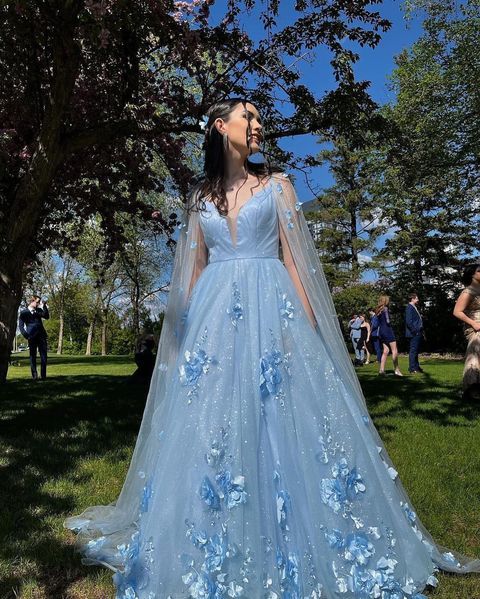 Sweet Sparkly V Neck Blue Tulle Prom Dresses with 3D Flowers