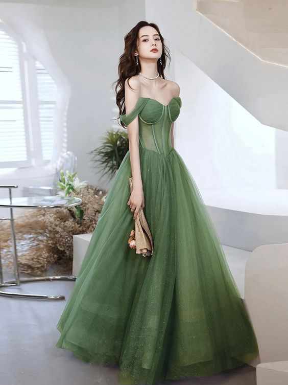 Green Sweetheart Neck Tulle Long Prom Dress, Green Evening Dress - VelvetHem