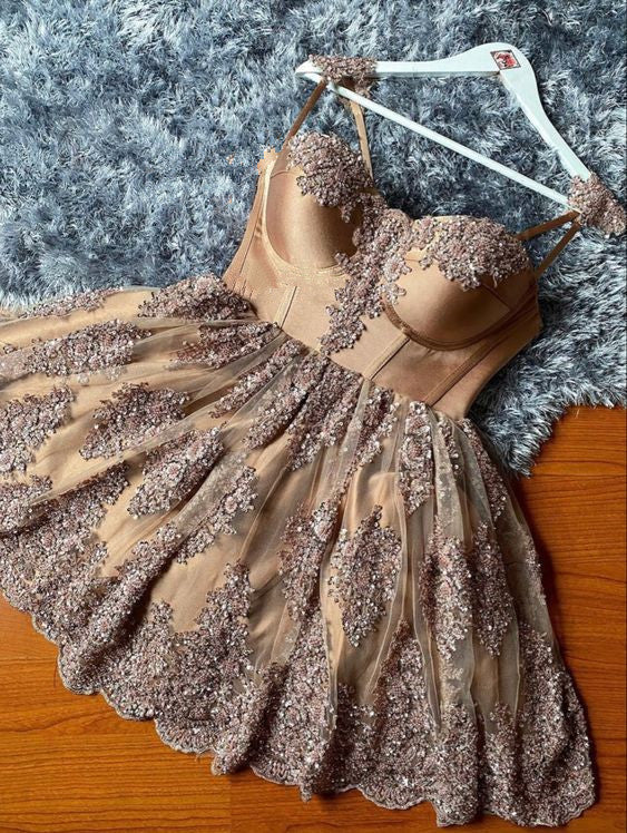 Champagne Lace Short Party Dress Homecoming Dress