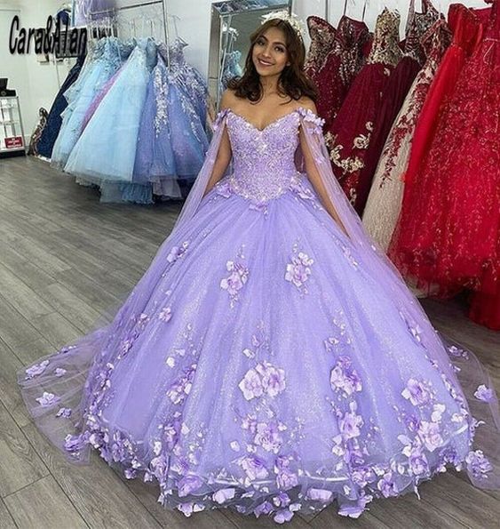 Light Purple Quinceanera Dresses With Cape 3D Floral Applique Ball Gown Sweet 16 Prom Gowns - VelvetHem