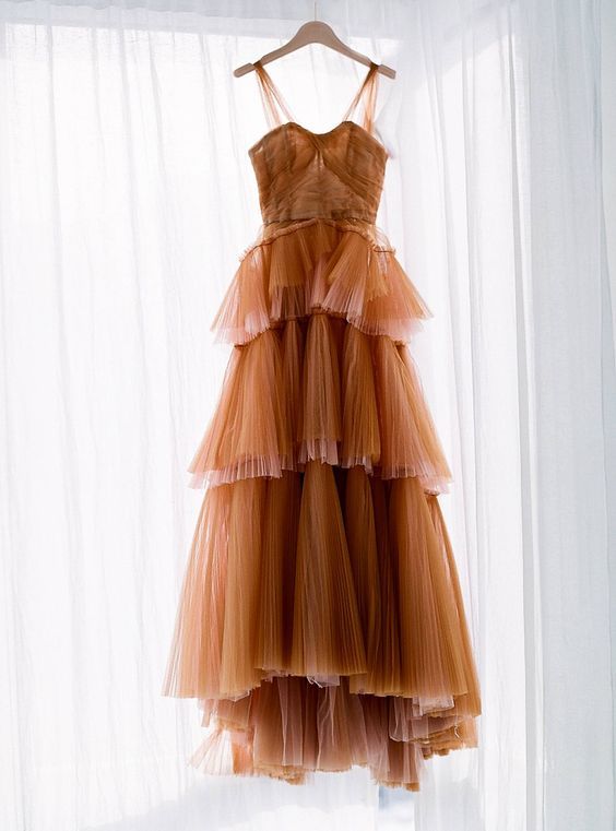 ball gown long brown tulle prom dresses