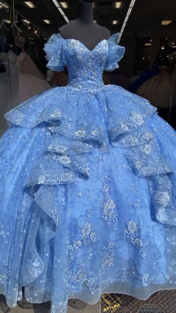 Off Shoulder Blue Quincea�era Dress Party Ball Gown - VelvetHem