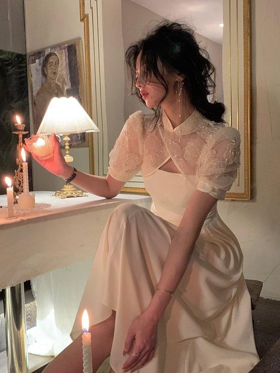vintage dress, simple party dress, short sleeves high neck dress