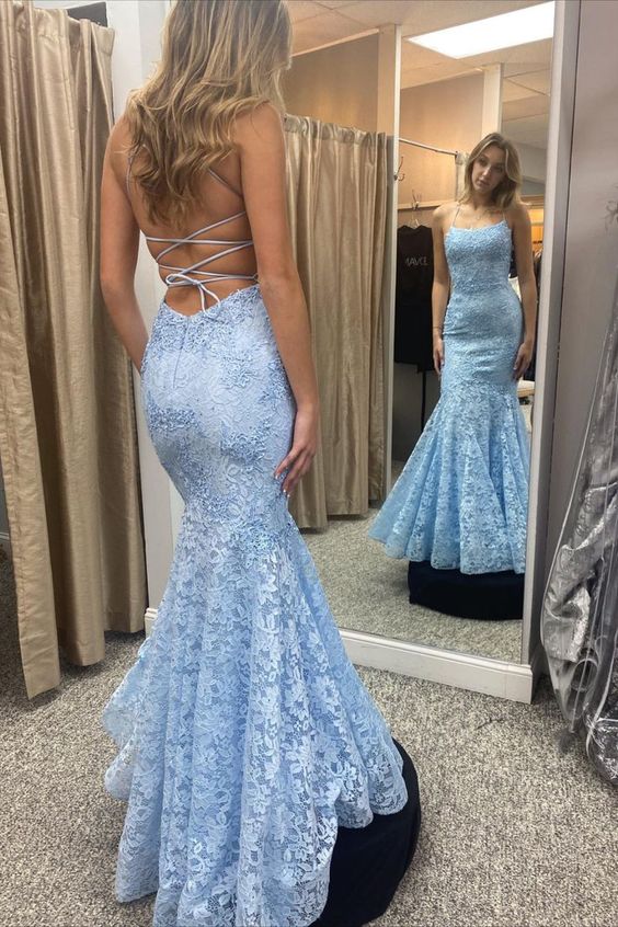 Blue Lace Mermaid Formal Dress