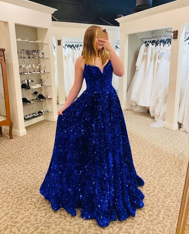 Sparkly V Neck Royal Blue Sequins Long Prom Dress