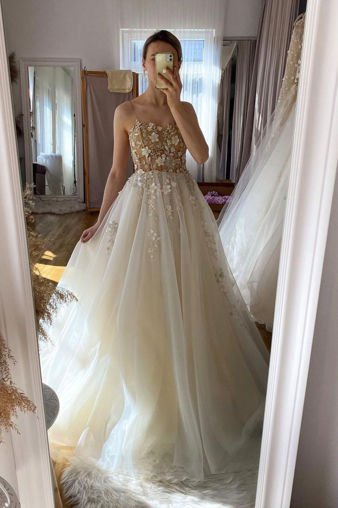 CHAMPAGNE CHIFFON BEADS LONG PROM DRESS A LINE EVENING DRESS