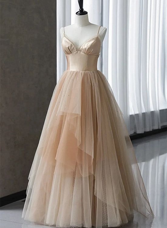 Champagne Tulle Gradient Tulle Straps Long Evening Dress, Charming Formal Gown - FashionDia