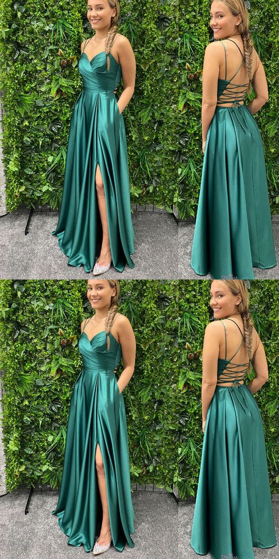 green prom dresses slit side criss cross