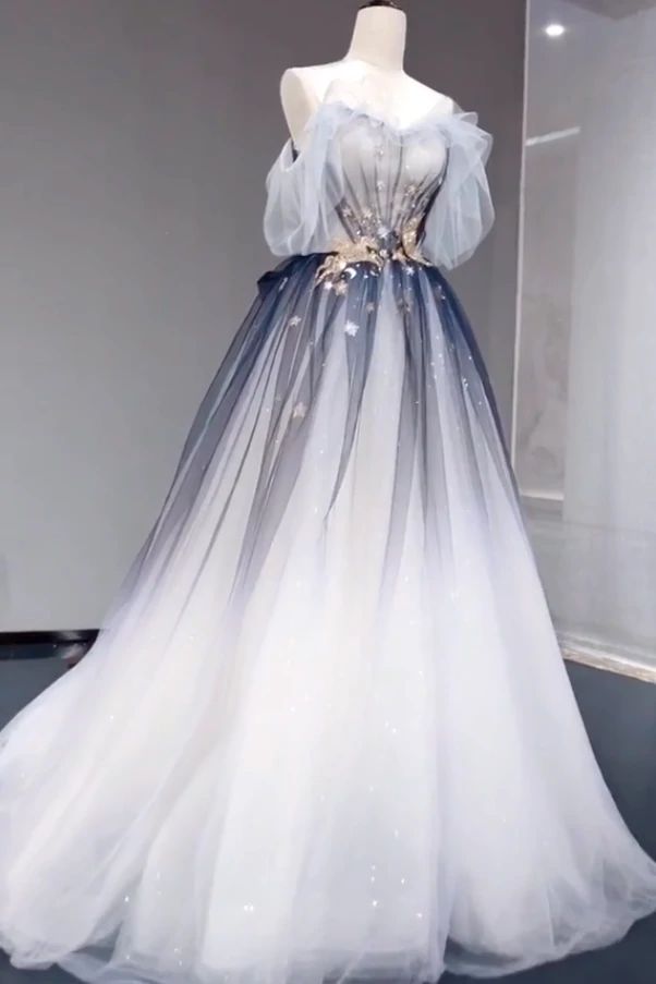 A Line Off the Shoulder Ombre Prom Dress, Long Tulle Prom Dress with Saprkles