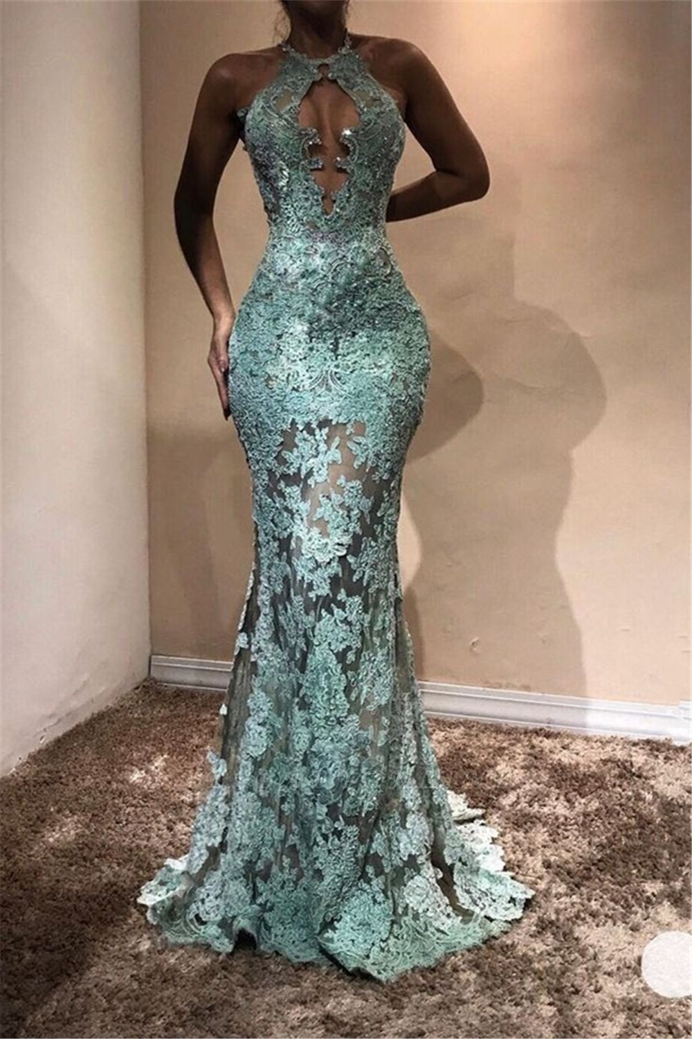Halter Sleeveless Mermaid Prom Dresses | Lace Appliques Long Evening Gowns