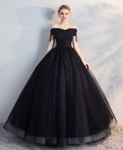 Black Off-the-Shoulder Lace Tulle Long Prom Dress, Black Evening Dress - FashionDia