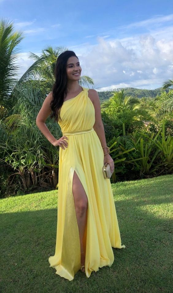 Yellow One Shoulder Long Prom Evening Dresses ,Sexy Prom Dress