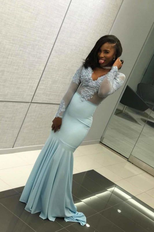 mermaid v neck long sleeves lace floor-length plus size prom dresses