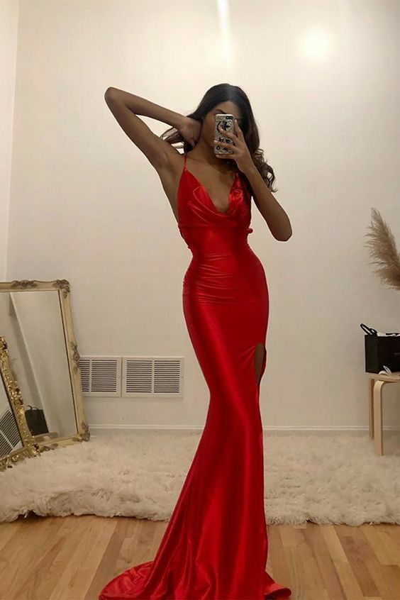 Mermaid Red Long Prom Dresses with Train, Formal Dresses, Mermaid Evening Dresses