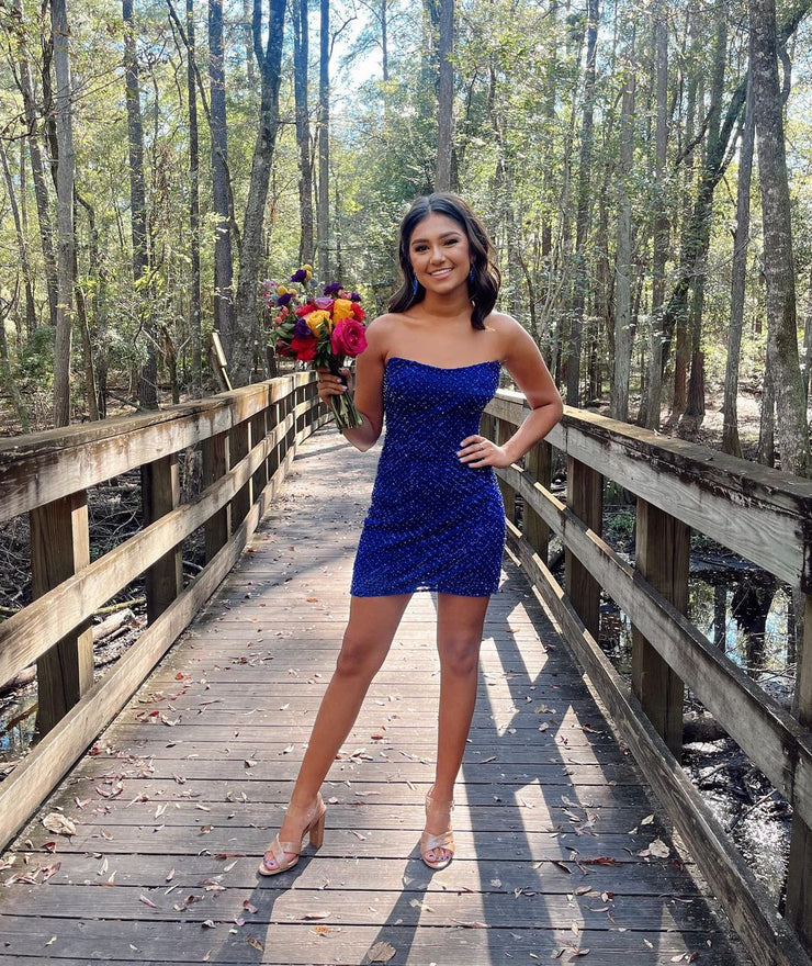 Cute Spakrly Strapless Blue Sequins Short Homecoming Dresses - FashionDia