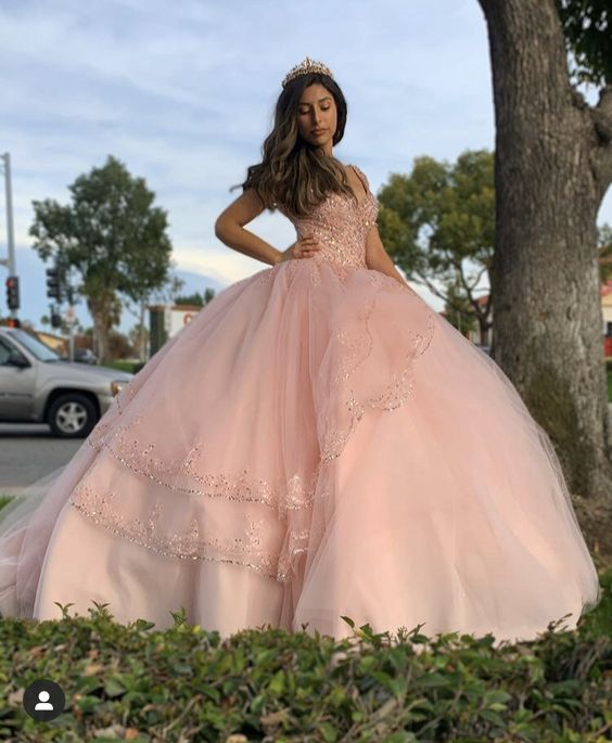 Pink lace ball gown prom dresses long evening dress