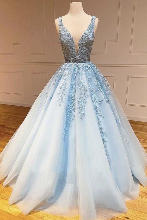 Elegant Lace A-Line Prom Dresses,Applique V-Neck Long Evening Dress