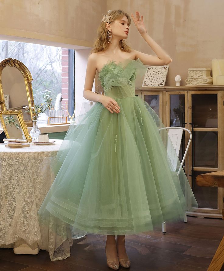 Green Tulle Lace Tea Length Prom Dress Green Tulle Formal Dress