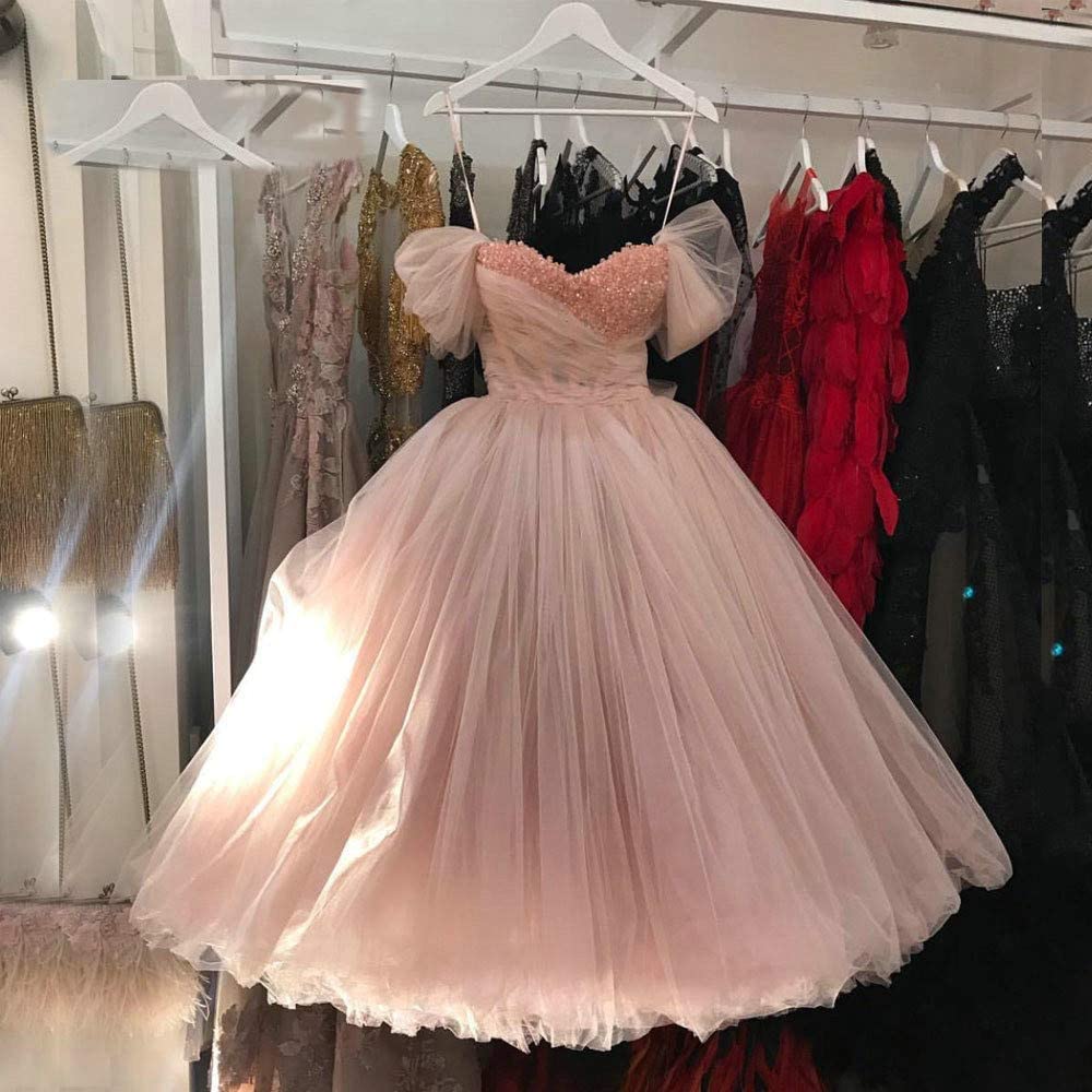 Off the Shoulder Pink Beaded Long Prom Dress