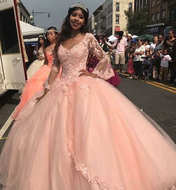 Pink lace ball gown prom dresses long evening dress