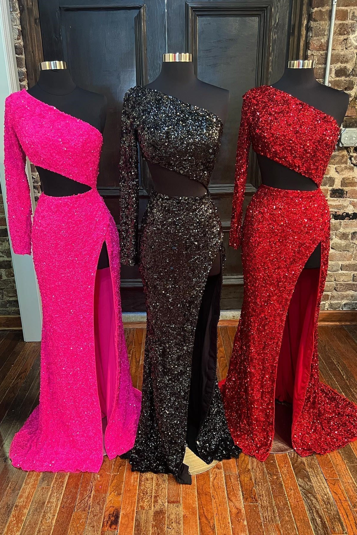 Sexy Sequin Mermaid Long Formal Dress with One Shoulder Long Sleeve Prom Dress