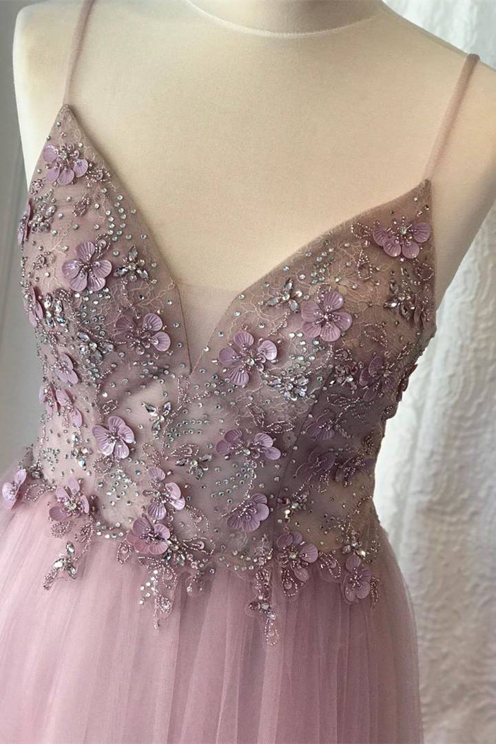 A-line Spaghetti Strap Lilac Prom Dress with Flowers - FashionDia