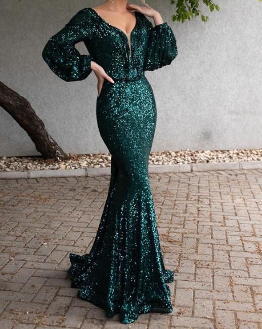 Sparkly Green Long Sleeve Evening Dresses.charming V-Neck Backless Mermaid Formal Evening Gowns