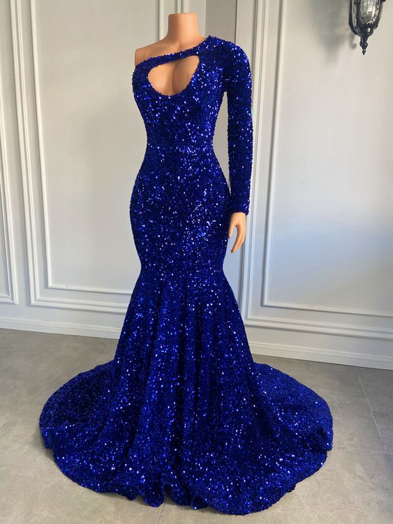 Long Sparkly Prom Dress 2023 One Shoulder Royal Blue Sequin Mermaid Style Black Girls Prom Party Gowns