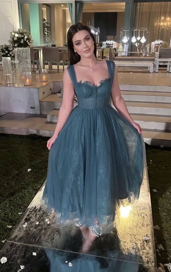 Gray Blue Straps Lace Tulle Popular Modest Prom Dress