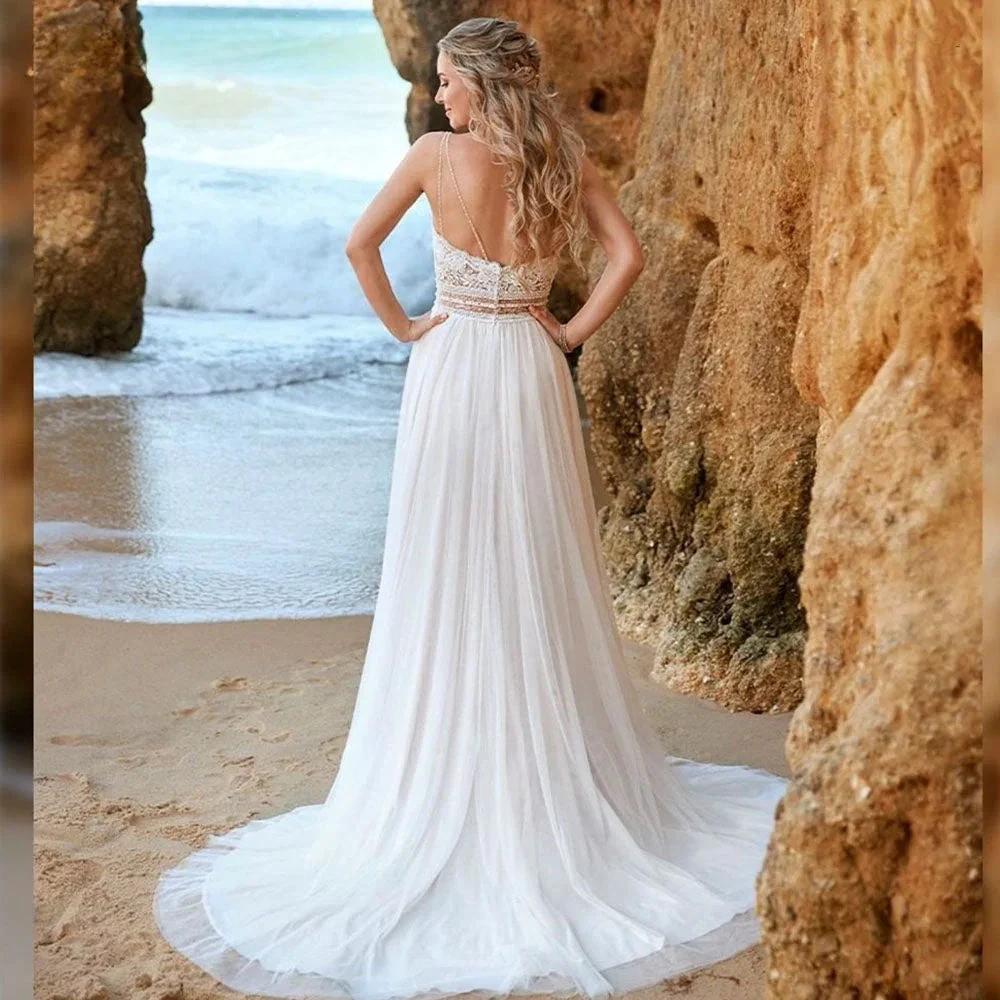 Simple Backless Chiffon V-Neck Bohemian Wedding Dress for Bride Lace Applique Sleeveless Beach Bridal Gown Robe De Mariée (ZD13463)