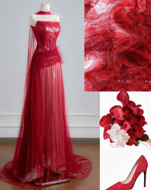 Strapless Red A Line Prom Dress Tulle Birthday Outfit Evening Dress