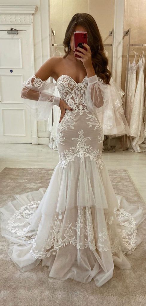 Charming Mermaid Lace Vintage Fashion Modest Wedding Dresses - FashionDia