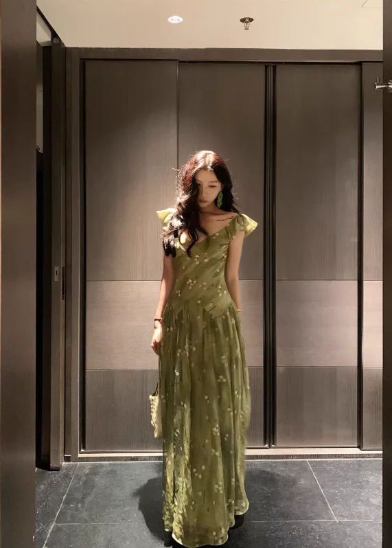 A-Line V-Neck Prom Party Dress Chiffon Green Flora Evening Dress - View 2 | FashionDia