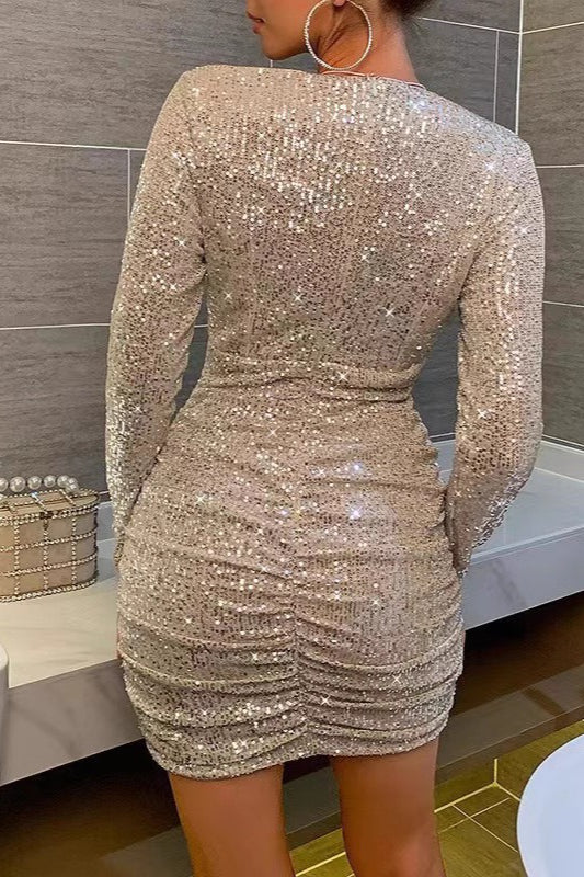 Long Sleeve V-Neck Ruched Sequin Sequin Dress - View 2 | VelvetHem