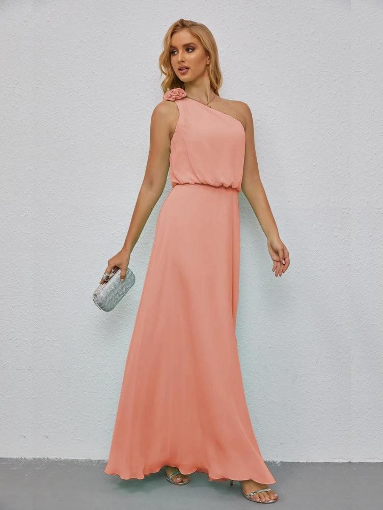 Ruffled One Shoulder Sleeveless Long Bridesmaid Dresses A-line Formal Evening Gown Side Split 28080 by numbersea